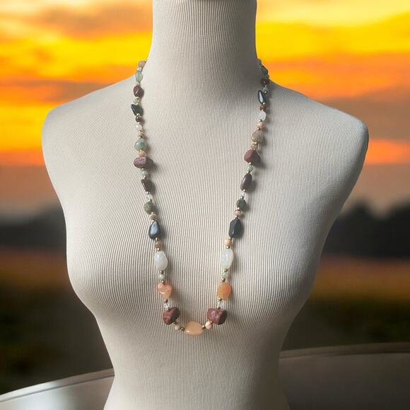 Earth’s Palette Crystal Gemstone Long Necklace Aventurine Agate Jasper Quartz - Picture 1 of 7